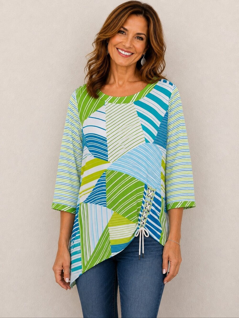 Sharon Young Colorful Asymmetrical Striped Top with Lace-up On Side, Size Large